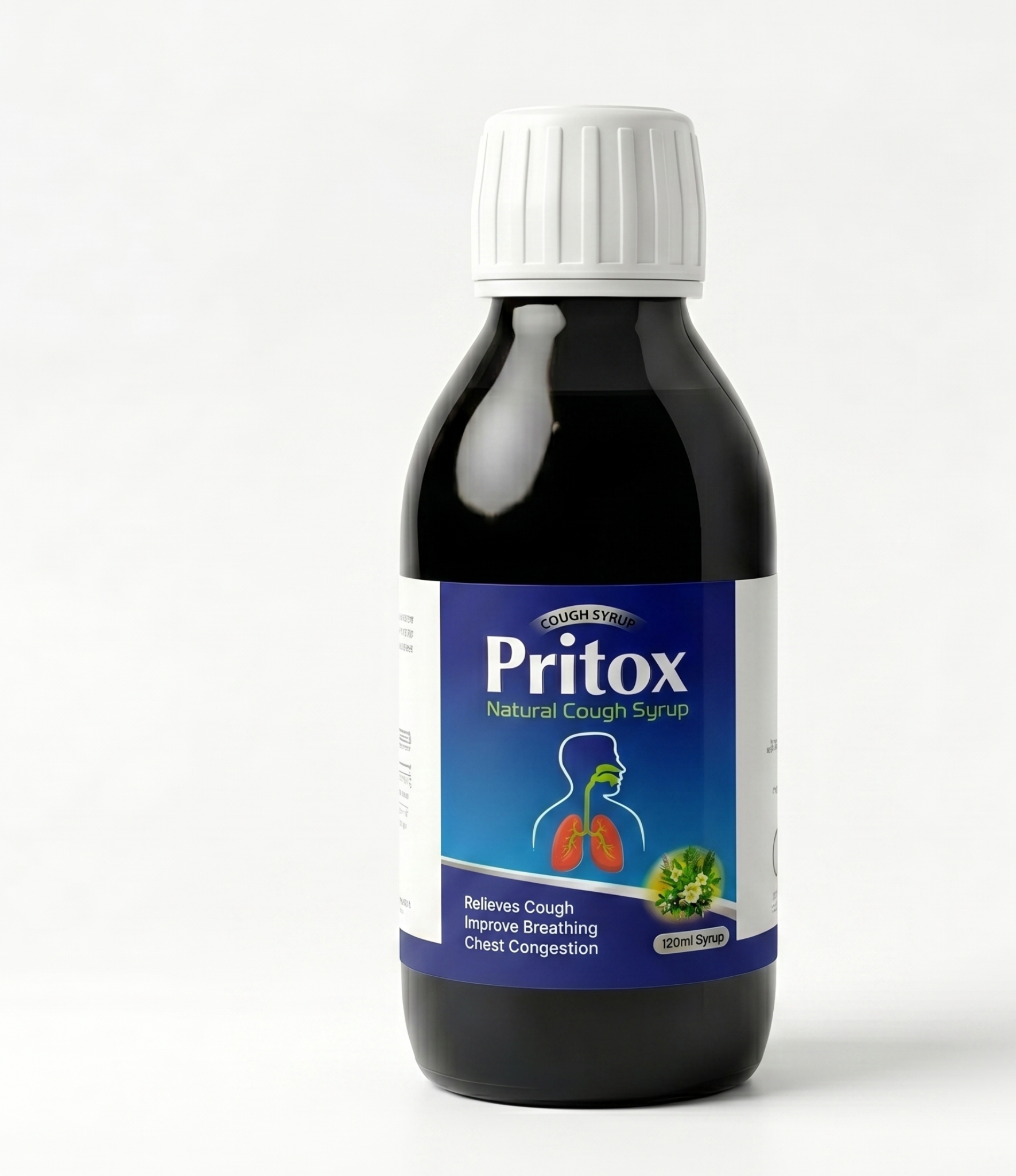 Pritox natural cough syrup bottle on a white background